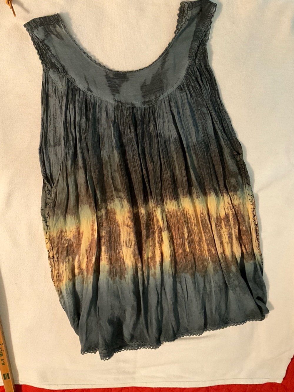 NWT ADVANCE APPARELS Gauze Gray Tank Top with Yellow and Brown Tie-Dye Band - Picture 2 of 5